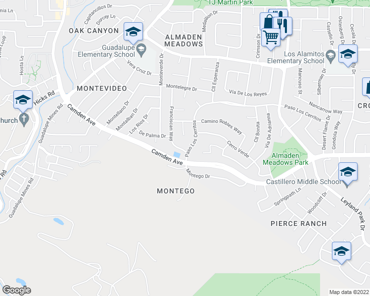 map of restaurants, bars, coffee shops, grocery stores, and more near 6331 Paso Los Cerritos in San Jose