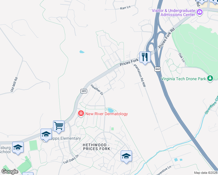 map of restaurants, bars, coffee shops, grocery stores, and more near in Blacksburg