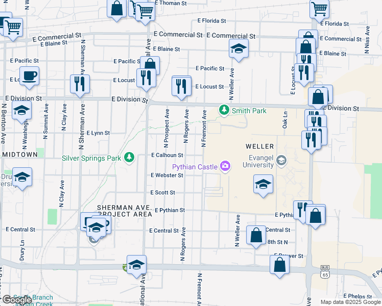 map of restaurants, bars, coffee shops, grocery stores, and more near 1302 North Rogers Avenue in Springfield