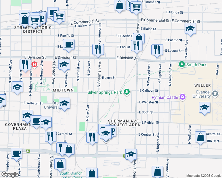 map of restaurants, bars, coffee shops, grocery stores, and more near 1306 North Texas Avenue in Springfield