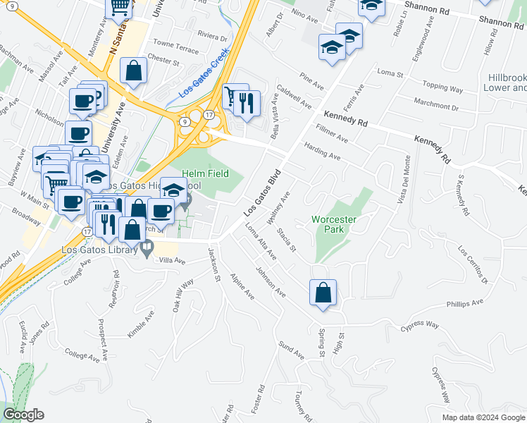map of restaurants, bars, coffee shops, grocery stores, and more near 10 Stacia Street in Los Gatos