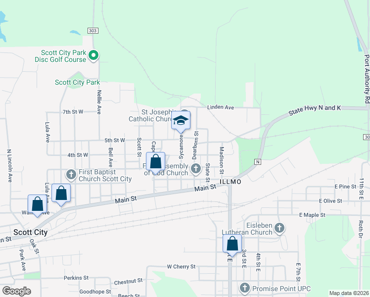 map of restaurants, bars, coffee shops, grocery stores, and more near 502 Sycamore Street in Scott City