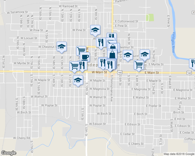 map of restaurants, bars, coffee shops, grocery stores, and more near 218 West Maple Street in Independence