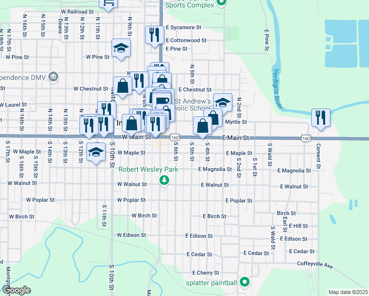 map of restaurants, bars, coffee shops, grocery stores, and more near 220 East Maple Street in Independence