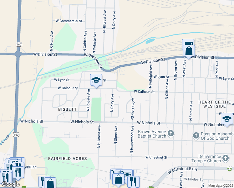 map of restaurants, bars, coffee shops, grocery stores, and more near 1235 North Glenn Avenue in Springfield