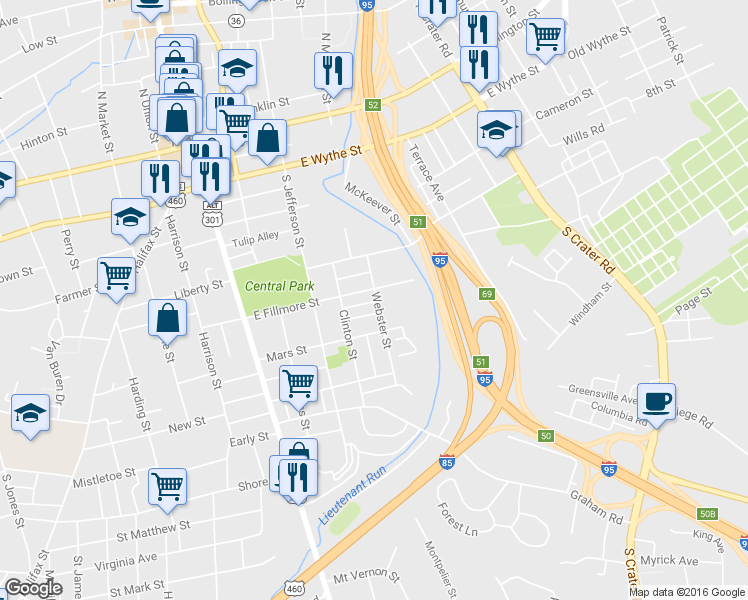 map of restaurants, bars, coffee shops, grocery stores, and more near 404 Webster Street in Petersburg