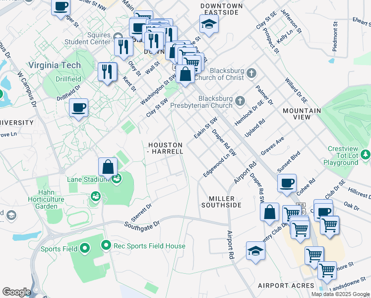 map of restaurants, bars, coffee shops, grocery stores, and more near 708 Gracelyn Court in Blacksburg