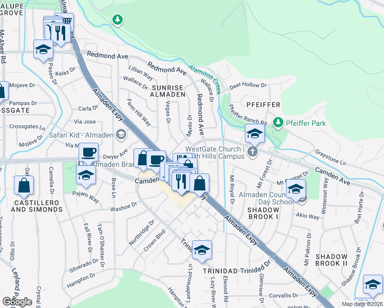 map of restaurants, bars, coffee shops, grocery stores, and more near 6518 Camden Avenue in San Jose