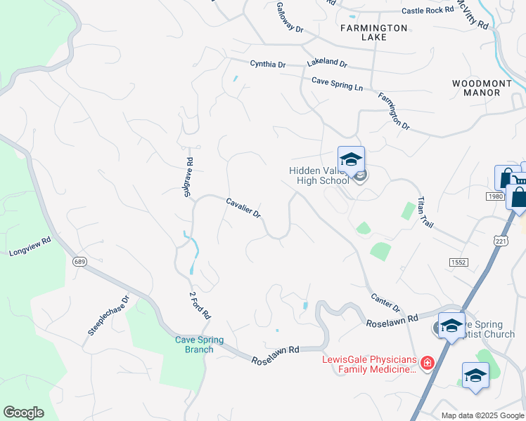 map of restaurants, bars, coffee shops, grocery stores, and more near 5411 Cavalier Ct in Roanoke