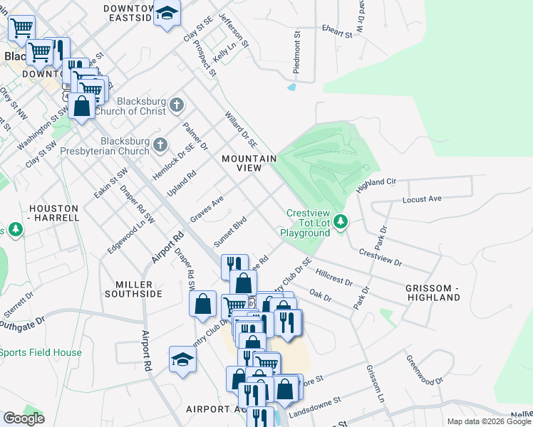 map of restaurants, bars, coffee shops, grocery stores, and more near 320 Sunset Boulevard in Blacksburg