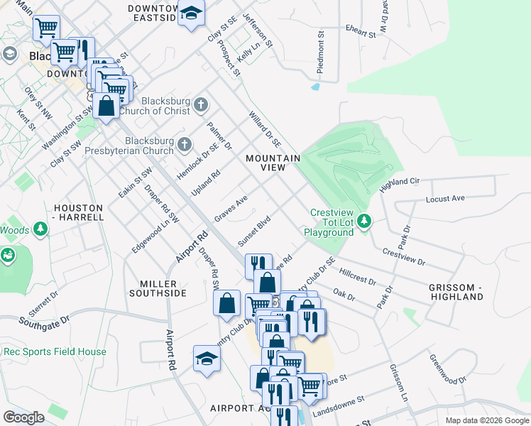 map of restaurants, bars, coffee shops, grocery stores, and more near Evergreen Way in Blacksburg