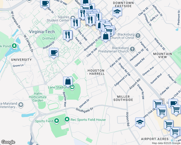 map of restaurants, bars, coffee shops, grocery stores, and more near 515 Houston Street in Blacksburg