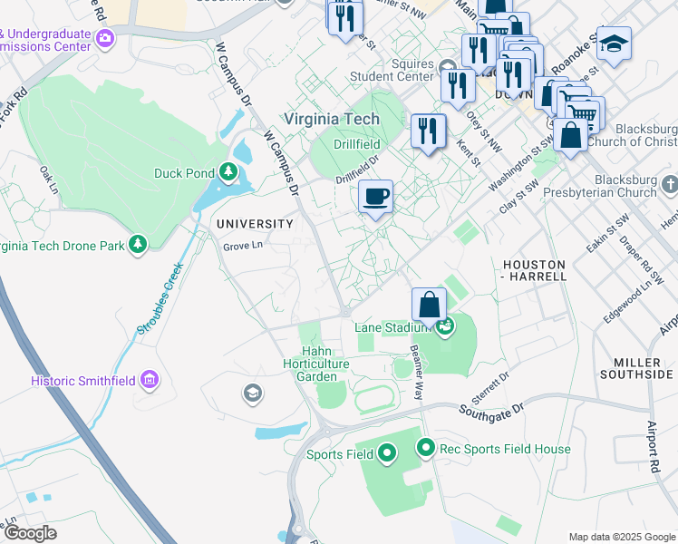 map of restaurants, bars, coffee shops, grocery stores, and more near in Blacksburg