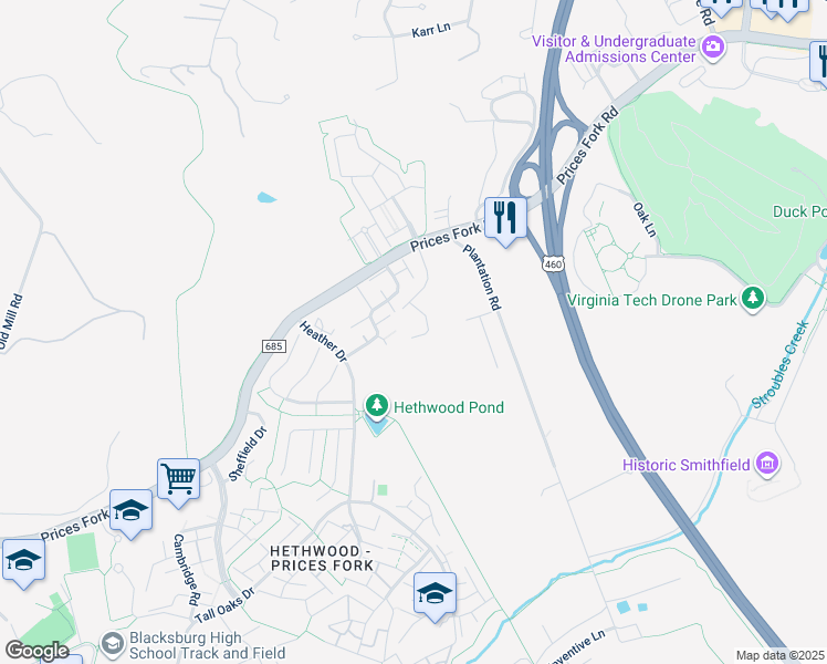 map of restaurants, bars, coffee shops, grocery stores, and more near 904 Brightwood Manor Drive in Blacksburg
