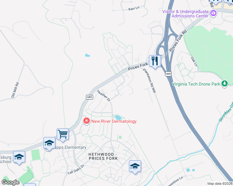 map of restaurants, bars, coffee shops, grocery stores, and more near in Blacksburg