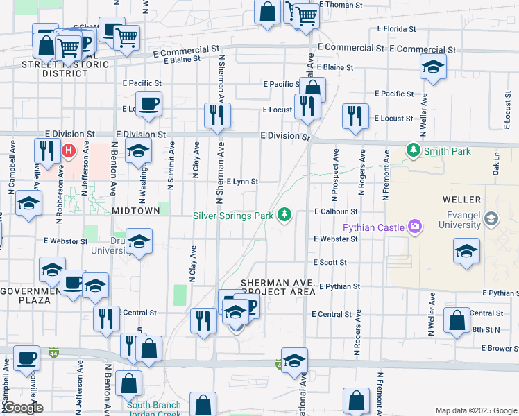 map of restaurants, bars, coffee shops, grocery stores, and more near 1306 North Texas Avenue in Springfield