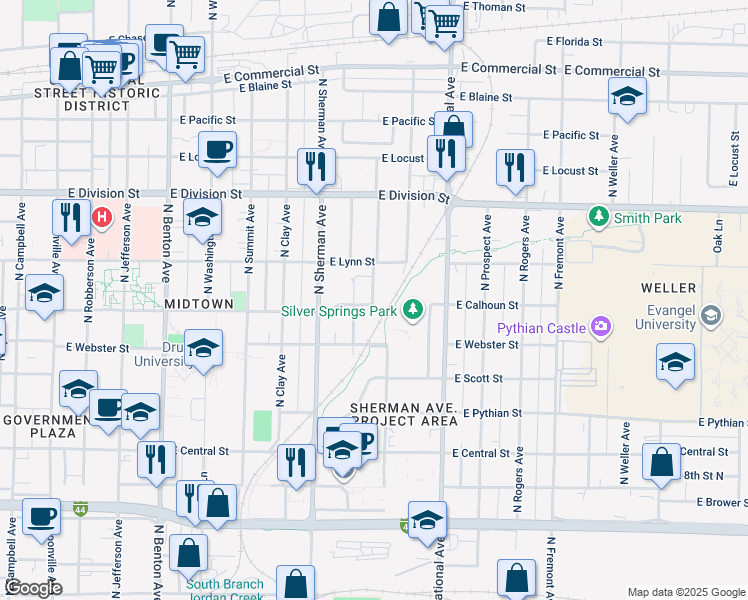 map of restaurants, bars, coffee shops, grocery stores, and more near 1306 North Texas Avenue in Springfield