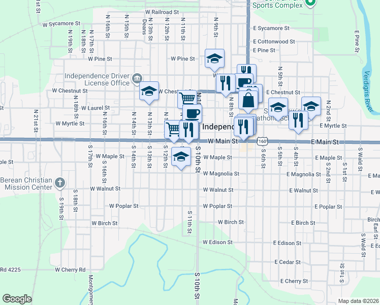 map of restaurants, bars, coffee shops, grocery stores, and more near 158-198 South 11th Street in Independence