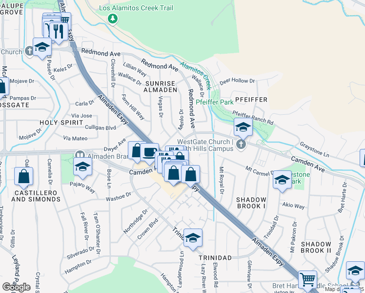 map of restaurants, bars, coffee shops, grocery stores, and more near 6475 Camden Avenue in San Jose