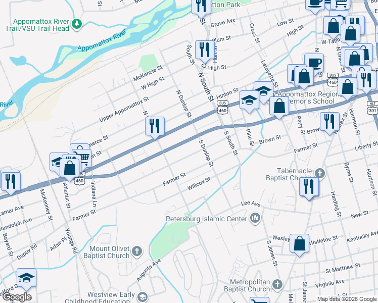 map of restaurants, bars, coffee shops, grocery stores, and more near 929 Rome Street in Petersburg