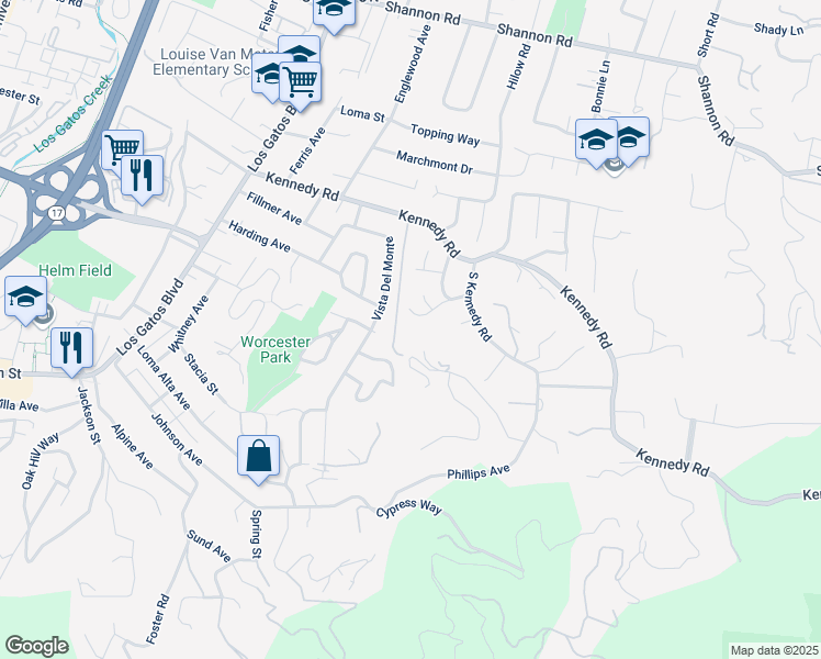 map of restaurants, bars, coffee shops, grocery stores, and more near 16650 Kennedy Road in Los Gatos