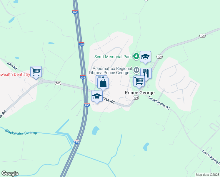 map of restaurants, bars, coffee shops, grocery stores, and more near 6301 Commons Court in Prince George
