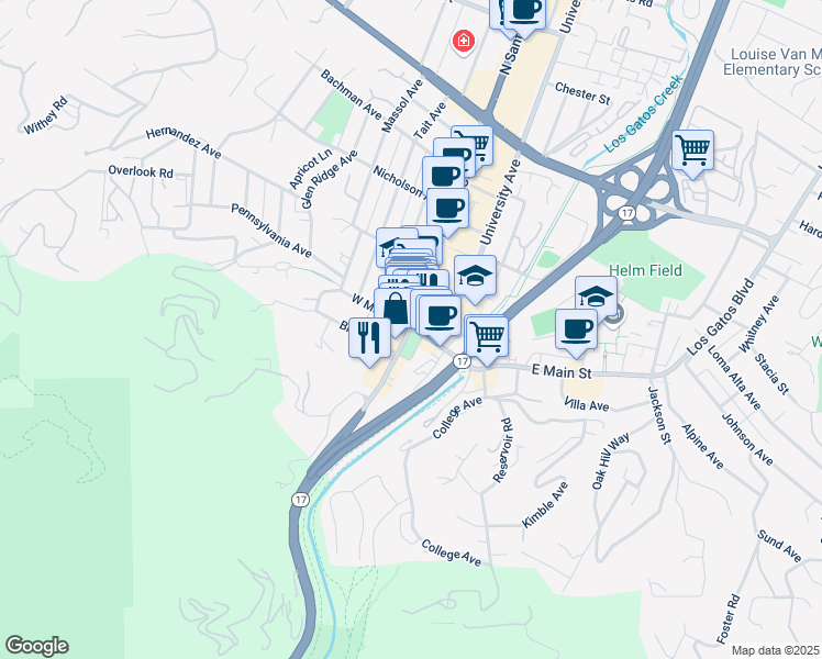 map of restaurants, bars, coffee shops, grocery stores, and more near N Santa Cruz Ave & W Main St in Los Gatos