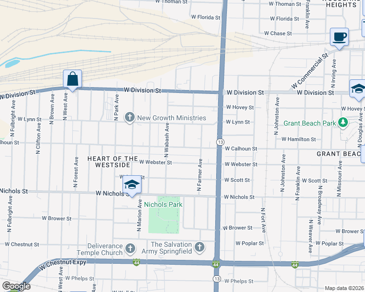 map of restaurants, bars, coffee shops, grocery stores, and more near 1801 West Calhoun Street in Springfield