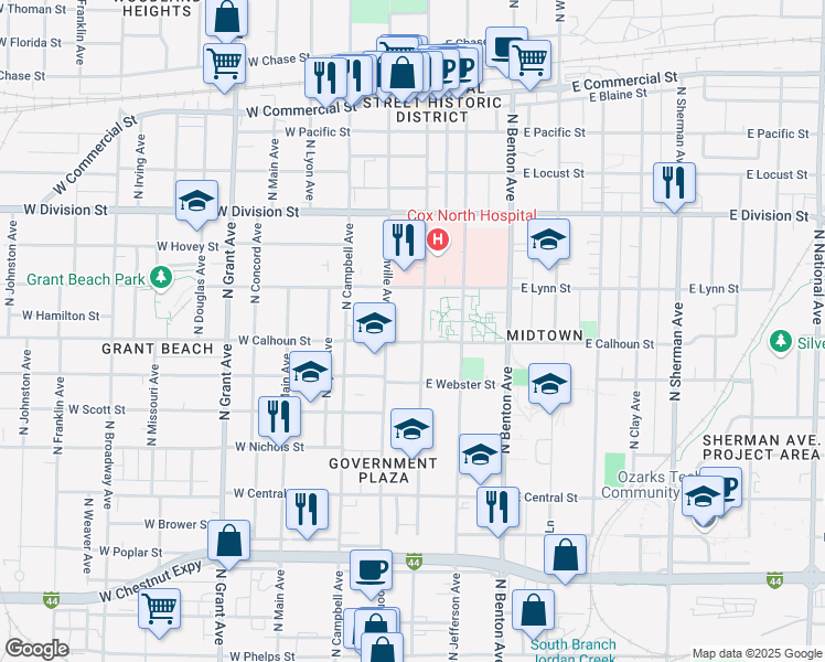 map of restaurants, bars, coffee shops, grocery stores, and more near 1311 North Robberson Avenue in Springfield