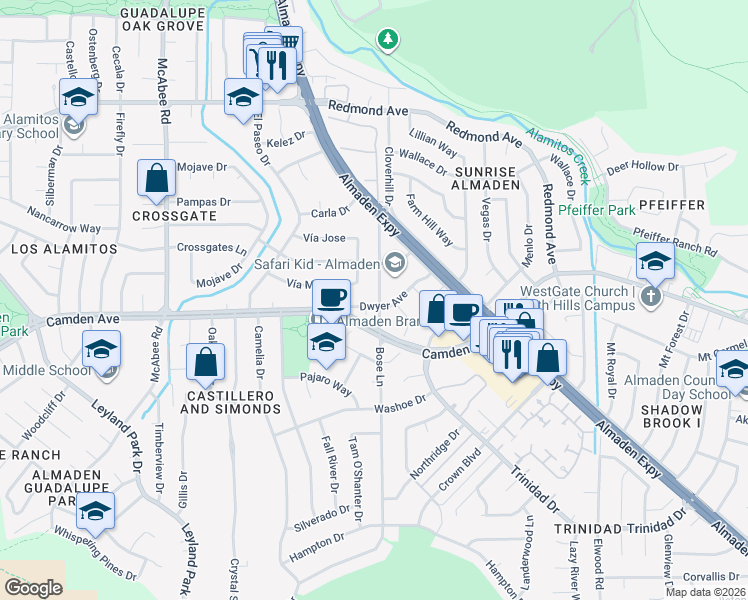 map of restaurants, bars, coffee shops, grocery stores, and more near 1123 Dwyer Avenue in San Jose