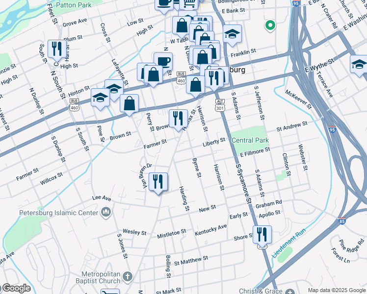 map of restaurants, bars, coffee shops, grocery stores, and more near 244 Halifax Street in Petersburg