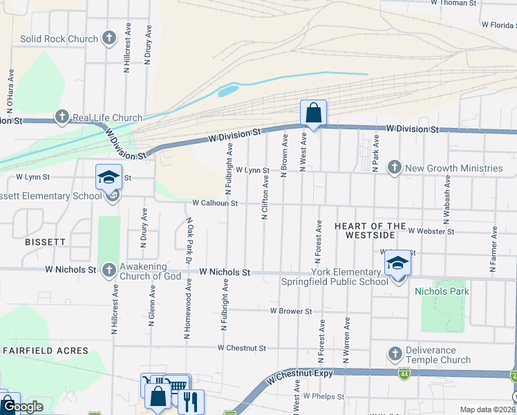 map of restaurants, bars, coffee shops, grocery stores, and more near 1234 North Ethyl Avenue in Springfield