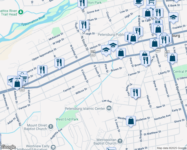 map of restaurants, bars, coffee shops, grocery stores, and more near 817 Farmer Street in Petersburg