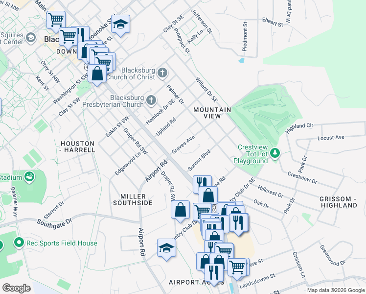 map of restaurants, bars, coffee shops, grocery stores, and more near 206 Graves Avenue in Blacksburg