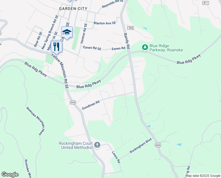 map of restaurants, bars, coffee shops, grocery stores, and more near 4730 Wood Rd in Roanoke