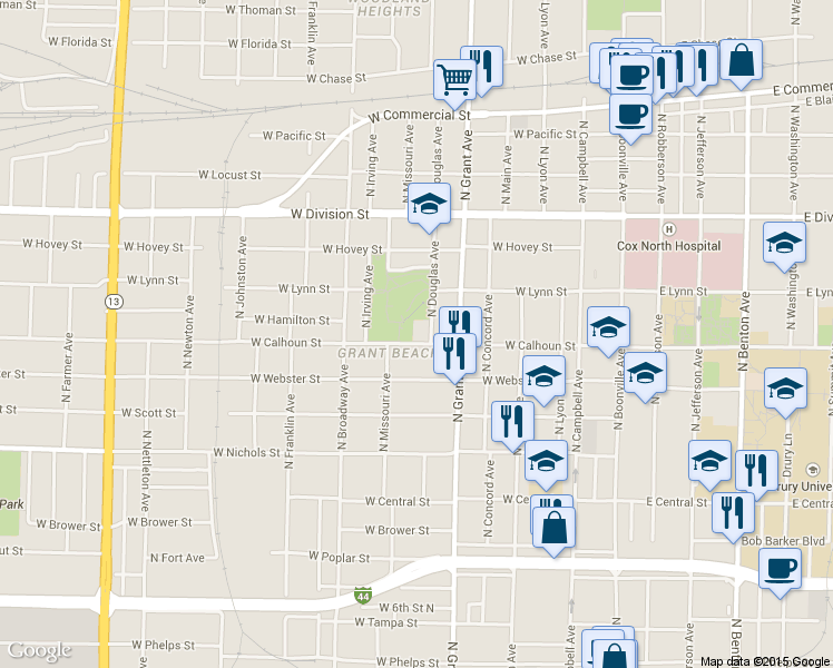 map of restaurants, bars, coffee shops, grocery stores, and more near 815 West Calhoun Street in Springfield