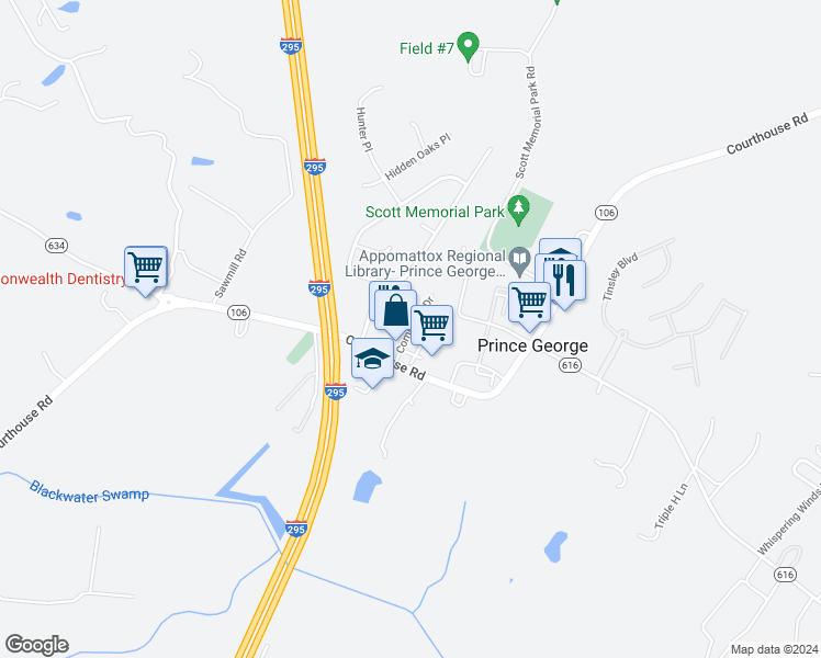 map of restaurants, bars, coffee shops, grocery stores, and more near 6504 Commons Drive in Prince George