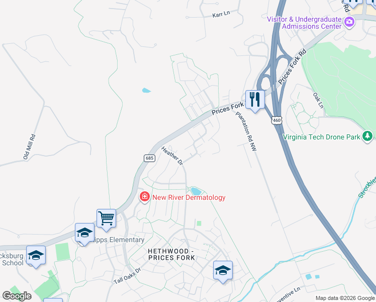 map of restaurants, bars, coffee shops, grocery stores, and more near in Blacksburg