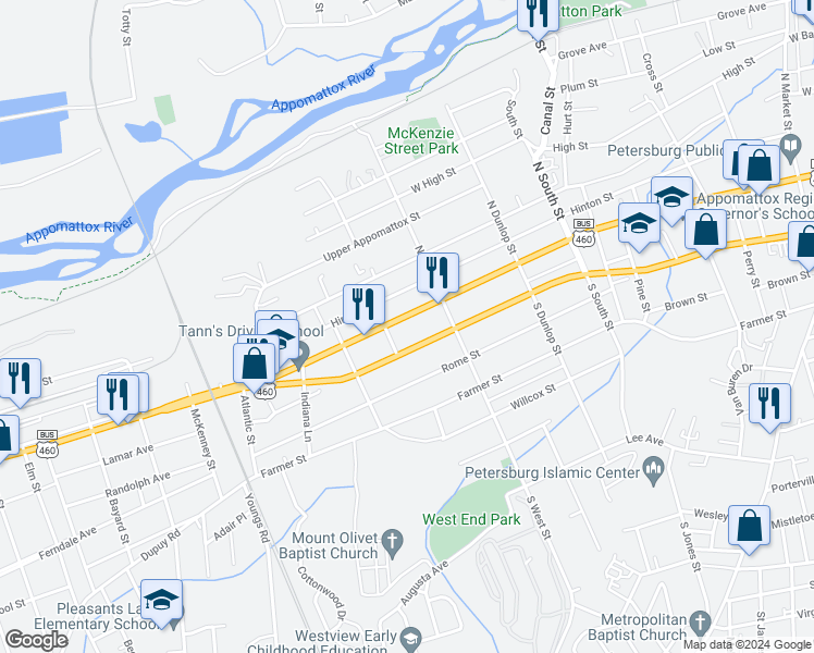map of restaurants, bars, coffee shops, grocery stores, and more near 1138 West Washington Street in Petersburg