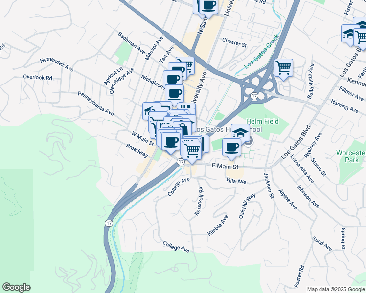 map of restaurants, bars, coffee shops, grocery stores, and more near 50 University Avenue in Los Gatos