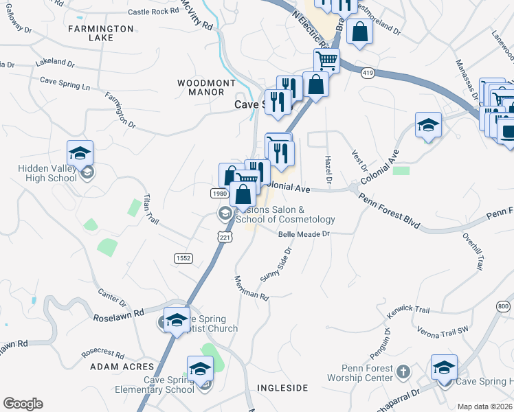 map of restaurants, bars, coffee shops, grocery stores, and more near 4801 Merriman Road in Roanoke