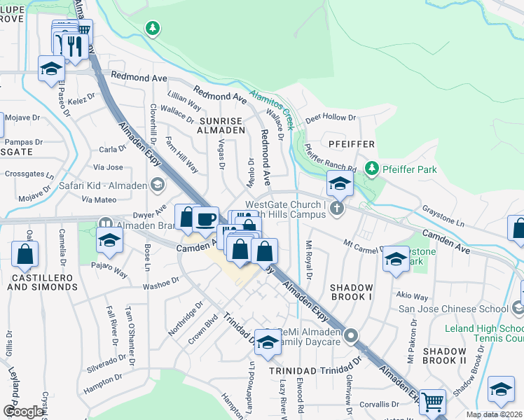 map of restaurants, bars, coffee shops, grocery stores, and more near 1065 Timber Crest Drive in San Jose