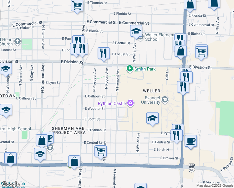 map of restaurants, bars, coffee shops, grocery stores, and more near 1307 North Fremont Avenue in Springfield