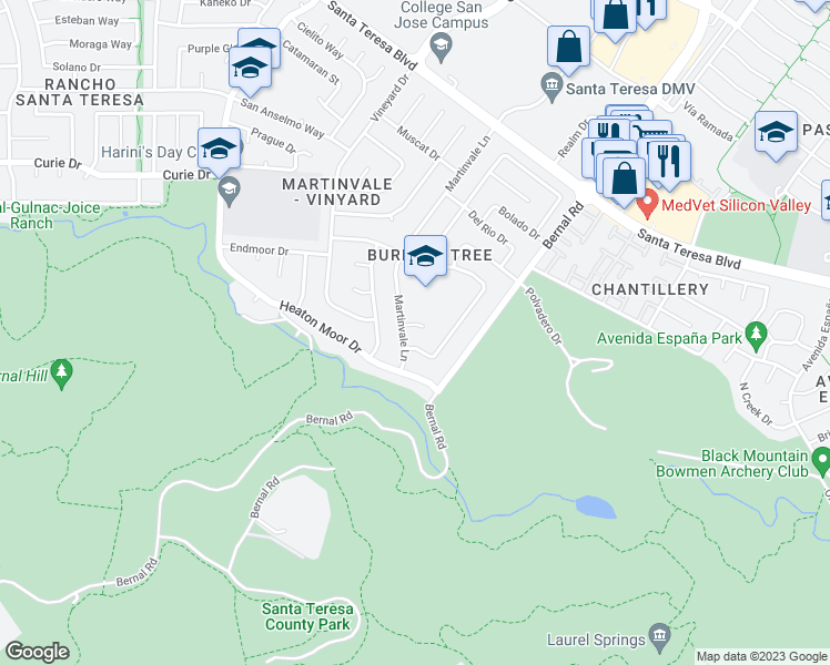 map of restaurants, bars, coffee shops, grocery stores, and more near 6981 El Marcero Court in San Jose