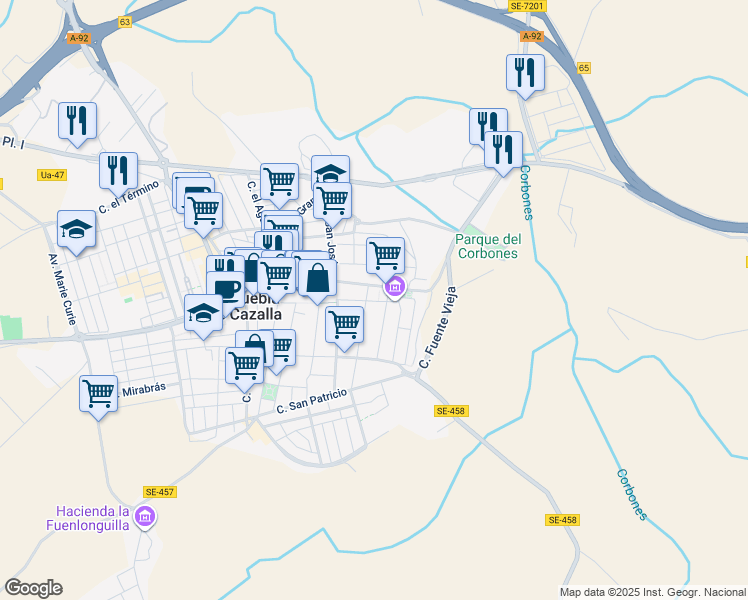 map of restaurants, bars, coffee shops, grocery stores, and more near 4 Calle Fábrica in La Puebla de Cazalla