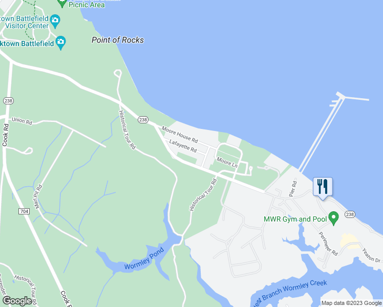 map of restaurants, bars, coffee shops, grocery stores, and more near 126 Lafayette Road in Yorktown