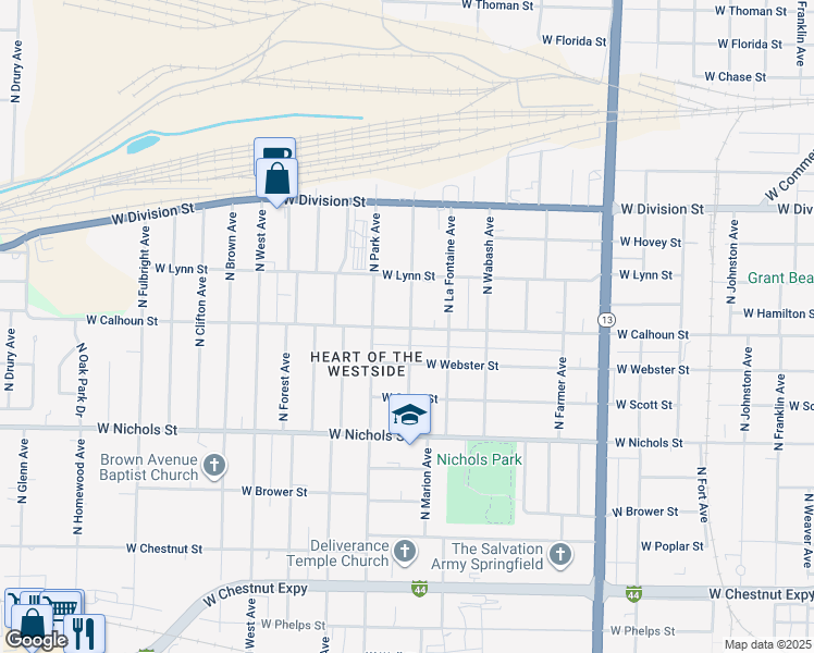 map of restaurants, bars, coffee shops, grocery stores, and more near 1301 North Marion Avenue in Springfield