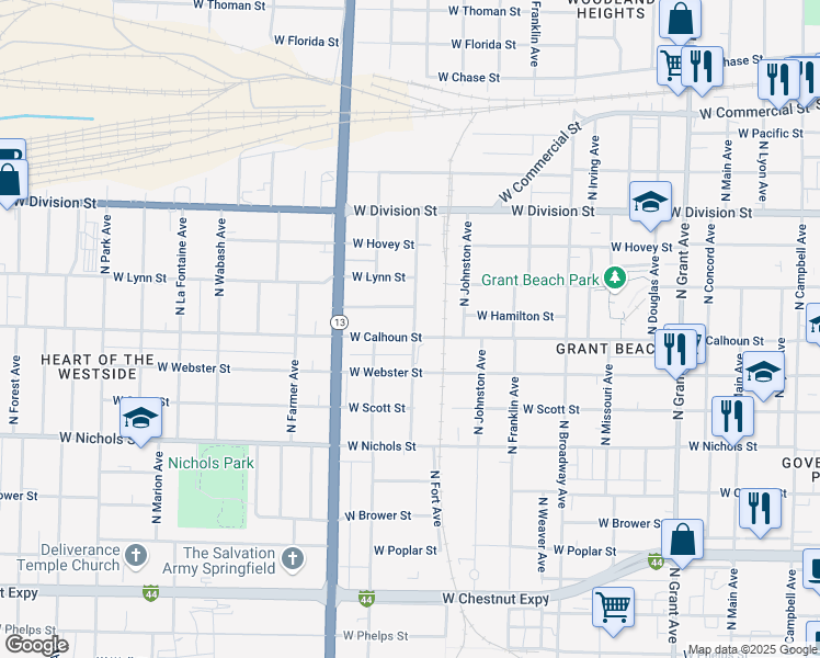 map of restaurants, bars, coffee shops, grocery stores, and more near 1401 West Calhoun Street in Springfield