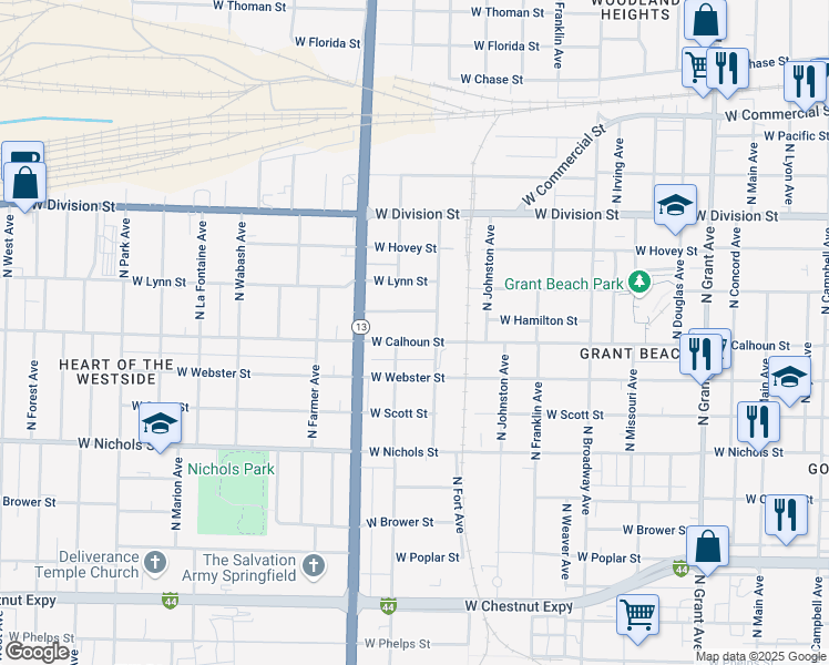 map of restaurants, bars, coffee shops, grocery stores, and more near 1401 West Calhoun Street in Springfield
