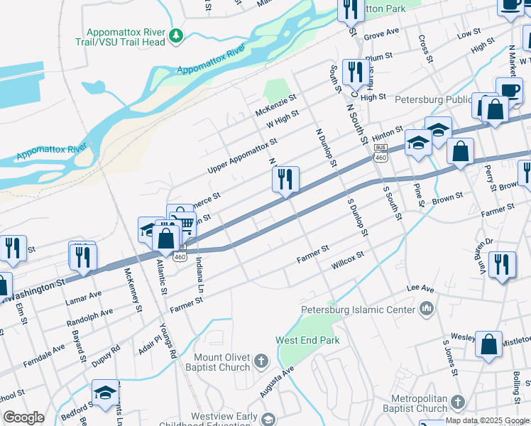 map of restaurants, bars, coffee shops, grocery stores, and more near 1138 West Washington Street in Petersburg